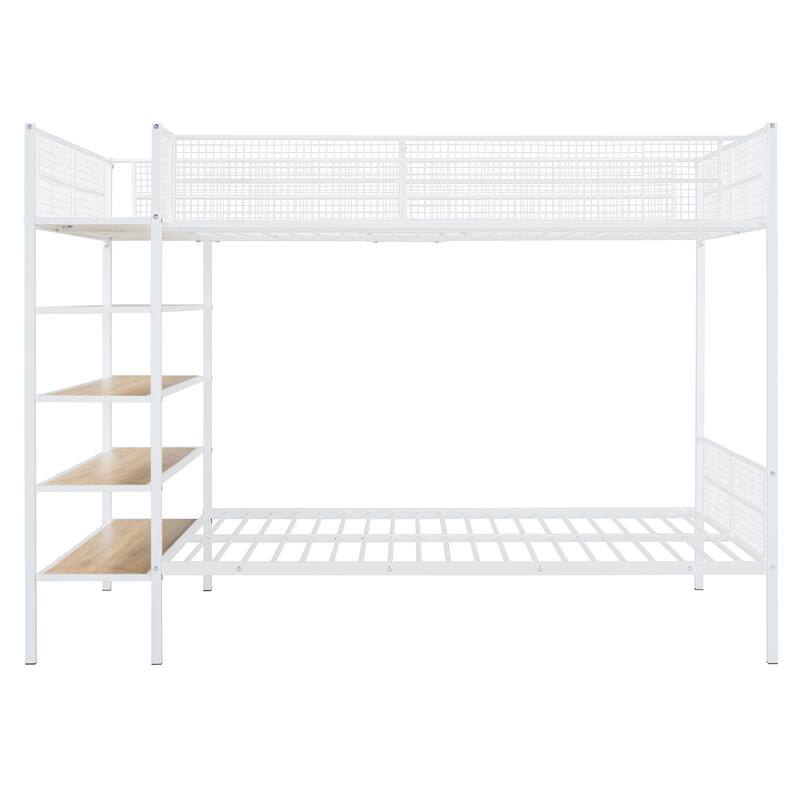 White Twin Over Full Metal Bunk Bed with 5-Tier Shelves