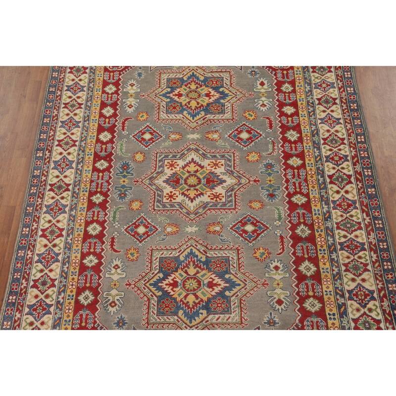 Geometric Kazak Area Rug Hand-Knotted Living Room Wool Carpet - 6'8" x 9'7"