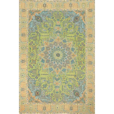 Hand Knotted Oriental 100% Wool Carpet Traditional Floral Green Tabriz Area Rug - 12' 8'' X 9' 6''