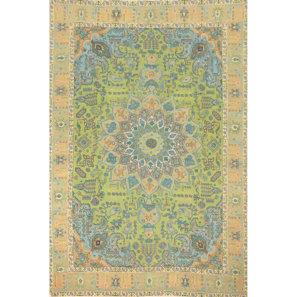 Hand Knotted Oriental 100% Wool Carpet Traditional Floral Green Tabriz Area Rug - 12' 8'' X 9' 6''