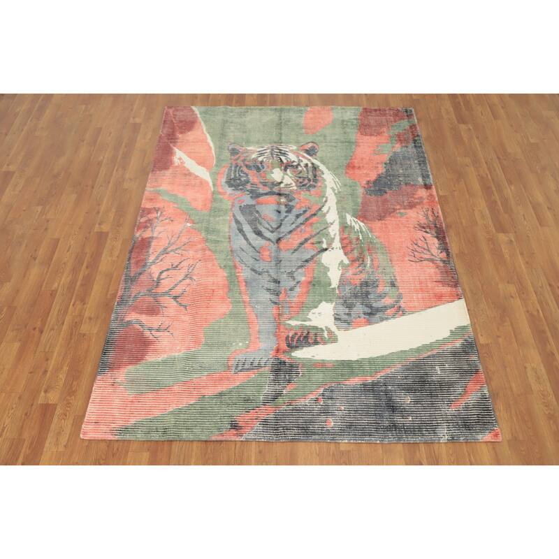 Hand Knotted Oriental Viscose Silk Carpet Modern Pictorial Multi-Colored Abstract Area Rug - 7' 8'' X 5' 6''