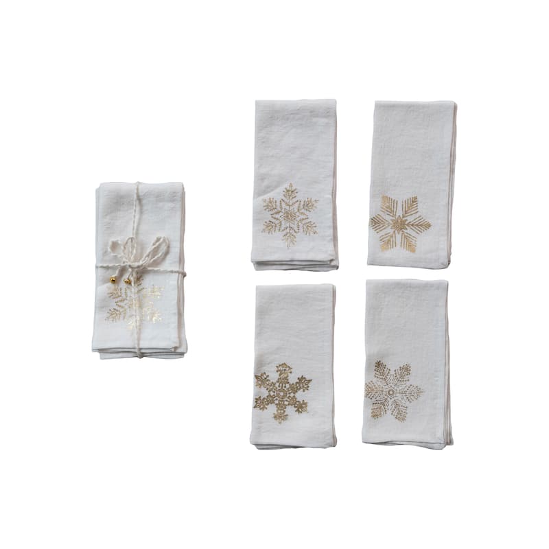 Linen Snowflake Napkins with Cotton Rope and Bells, Set of 4 - Set of 4 - Natural