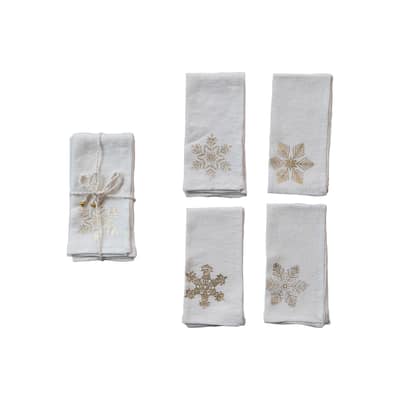 Linen Snowflake Napkins with Cotton Rope and Bells, Set of 4