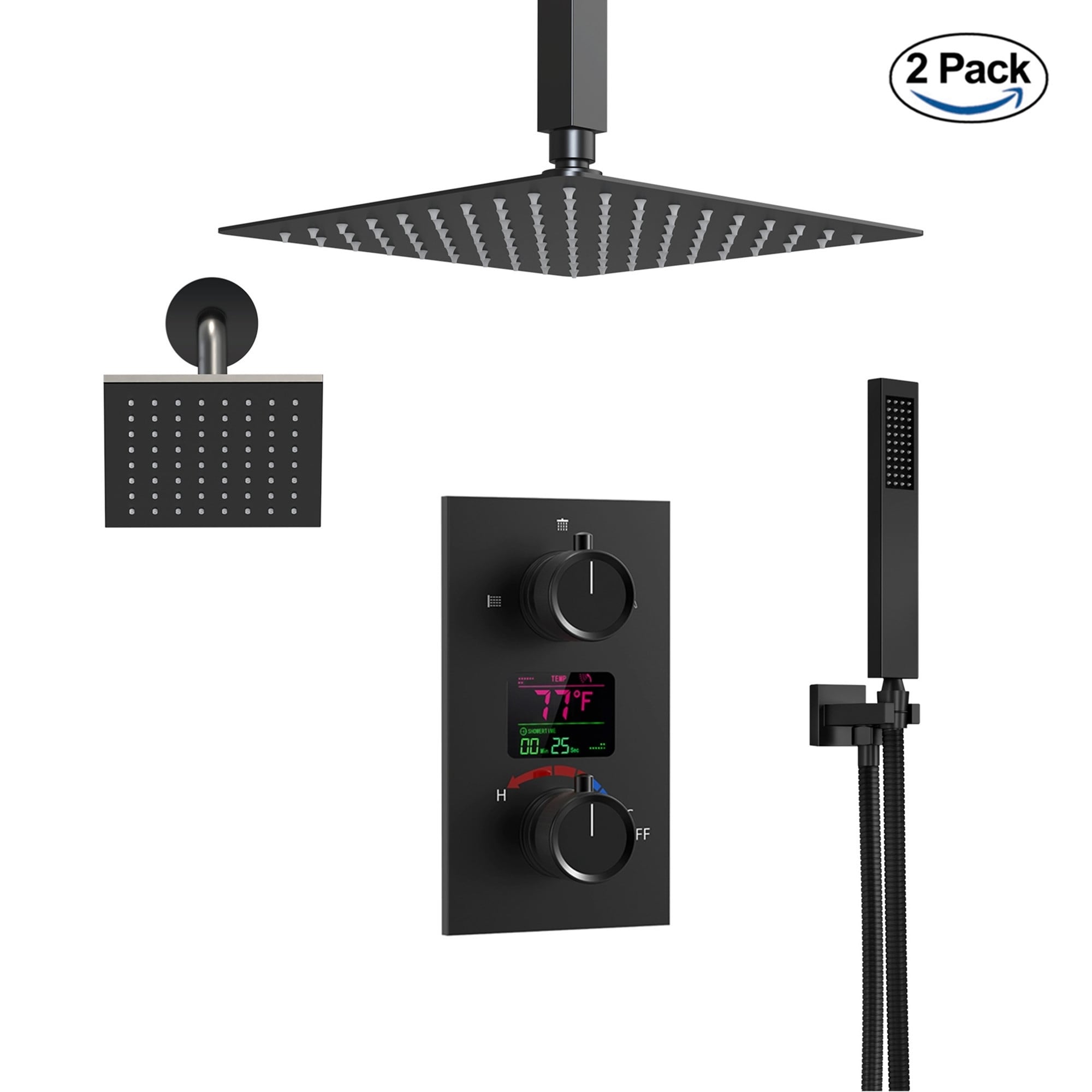 2 Pack LCD Digital Display Shower System Rainfall Dual Shower Heads with Handheld Spray - 12" x 6"