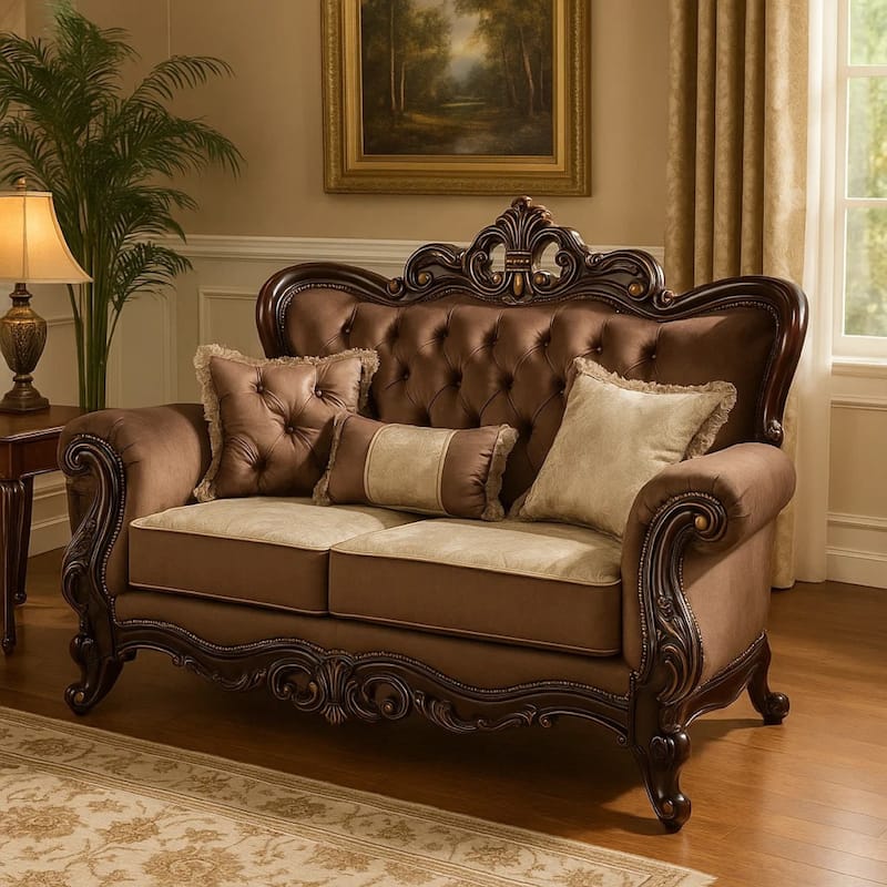 Aboi Loveseat w Pillows, Brown Velvet, Ornate Carved Dark Cherry Wood, 70 Inch