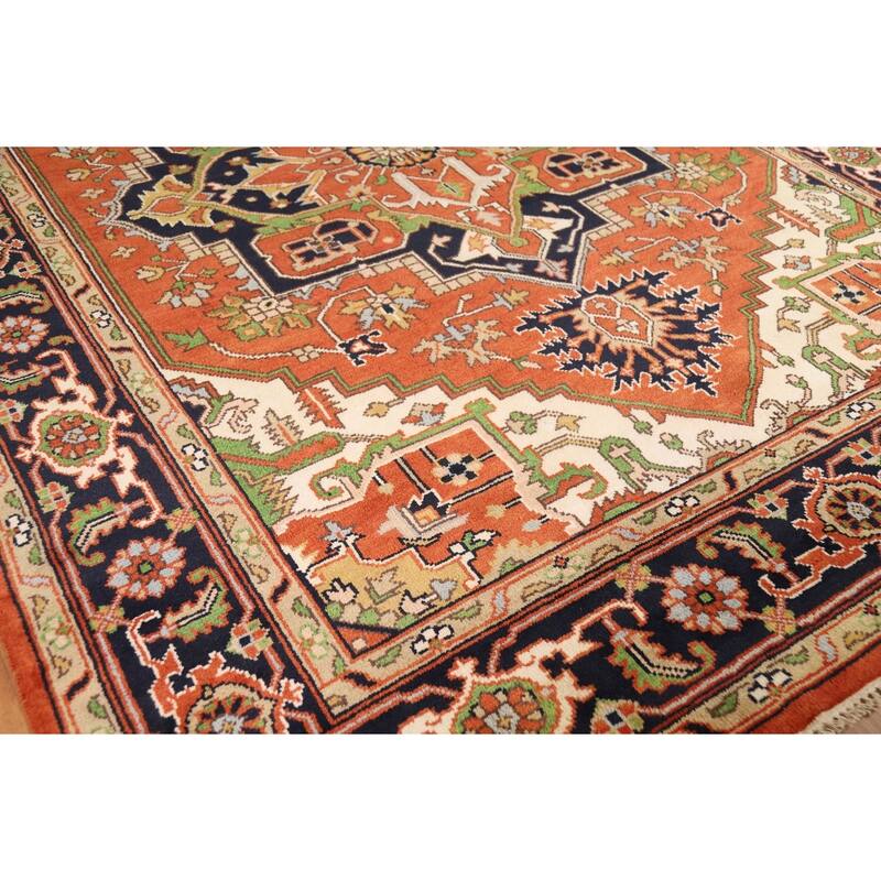 Medallion Heriz Serapi Indian Rug Hand-Knotted Orange Wool Carpet - 8'10"x 11'11"