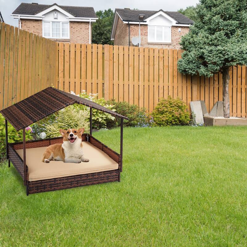 Elevated Rattan Dog Bed with Canopy and Washable Cushion Cover Perfect for Small Dogs - 31.3”L x 26.6”W x 24.4”H