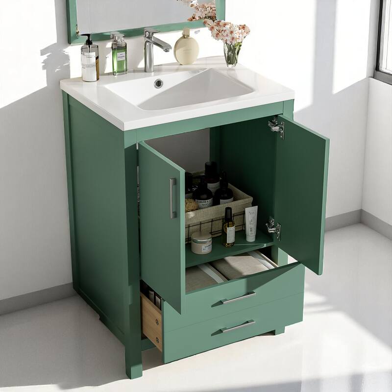 Modern 24 Inch Bathroom Vanity with Sink Combo, Green Cabinet with Silver Handles and Soft Closing Storage