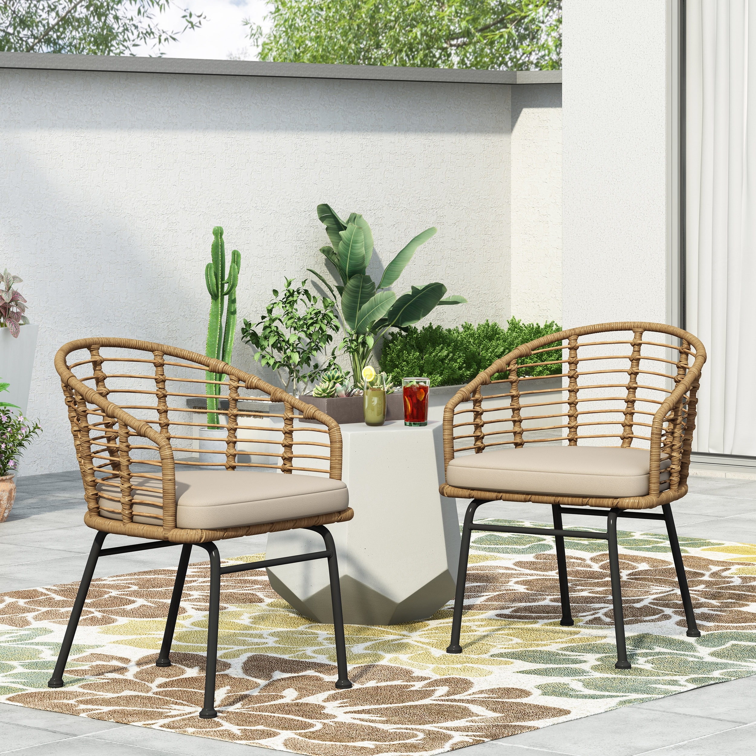 Curved Patio Dining Chairs Wicker Chairs with Cushions, Arm Chair Reading Chair Accent Chair Leisure Chair