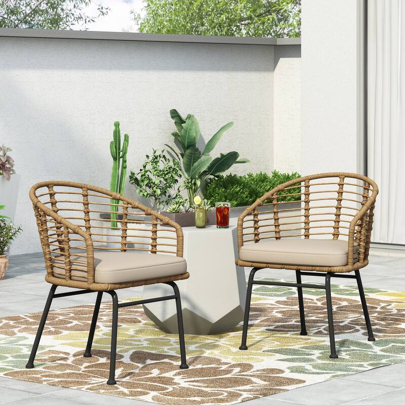 Roomfitters Randy Wicker Outdoor Dining Chairs with Water-Resistant Cushions, Set of 2, Brown - Brown+Beige