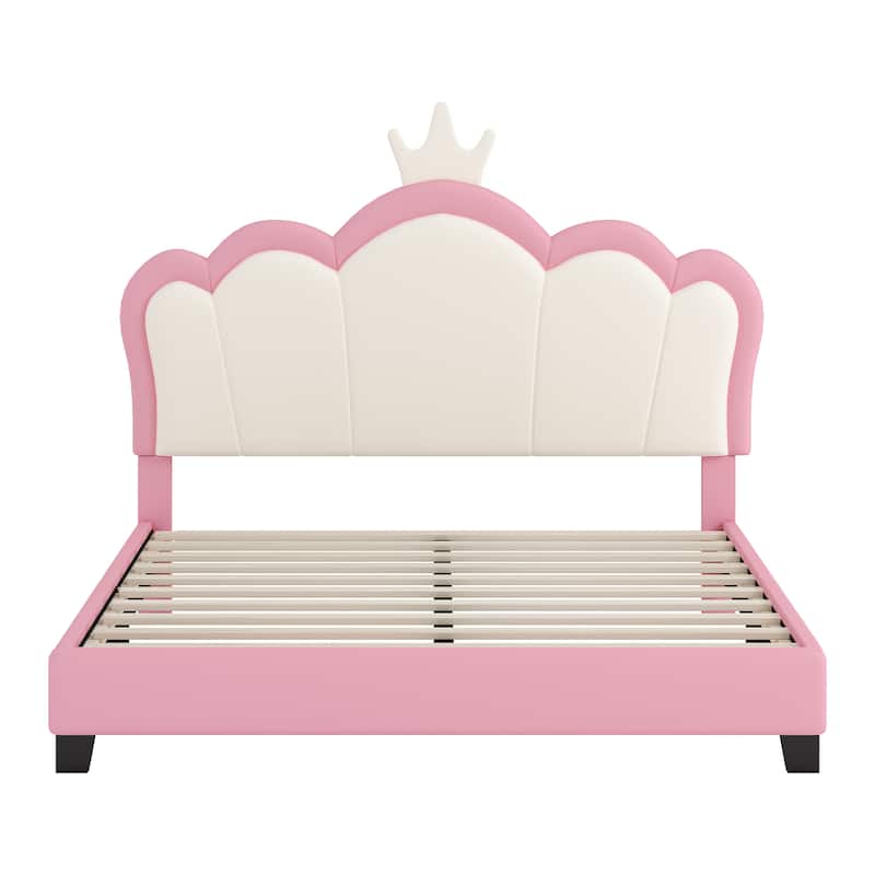 Full Size Upholstered Princess Bed with Crown Headboard and Footboard in Cream and Pink