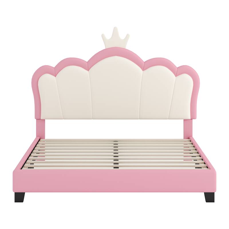 Full size Upholstered Princess Bed With Crown Headboard,Full Size Platform Bed with Headboard and Footboard, Cream+Pink
