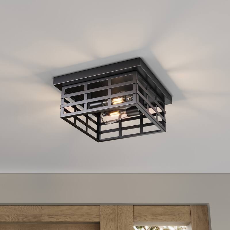 Farmhouse 2-Light Matte Black Square Flush Mount Ceiling Light Fixture