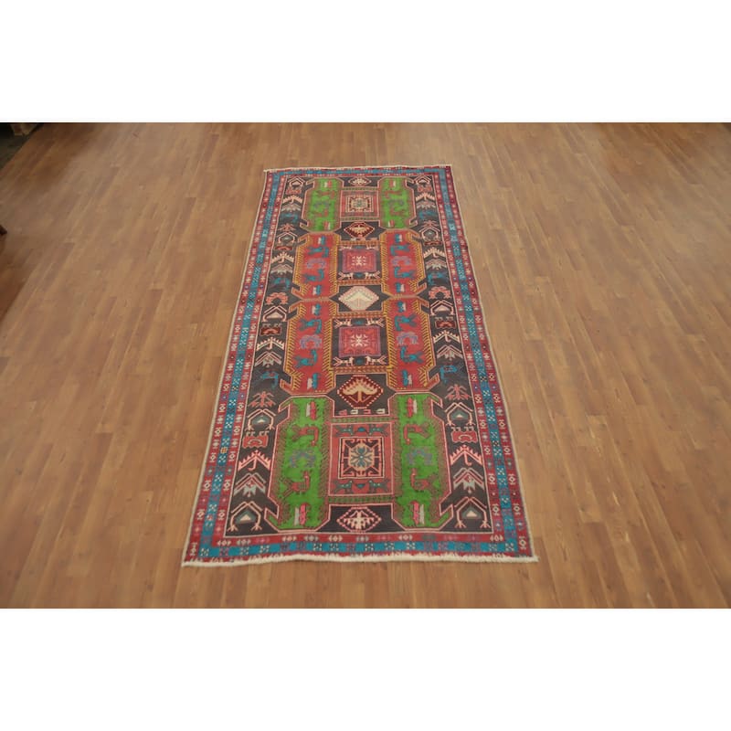 Hand Knotted Oriental 100% Wool Carpet Traditional Tribal Greys & Charcoal Ardebil Runner Rug - 9' 8'' X 4' 4''