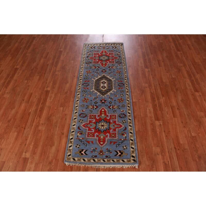 Hand Knotted Oriental 100% Wool Carpet Traditional Geometric Navy Blue & Blues Heriz (serapi) Runner Rug - 7' 6'' X 2' 7''