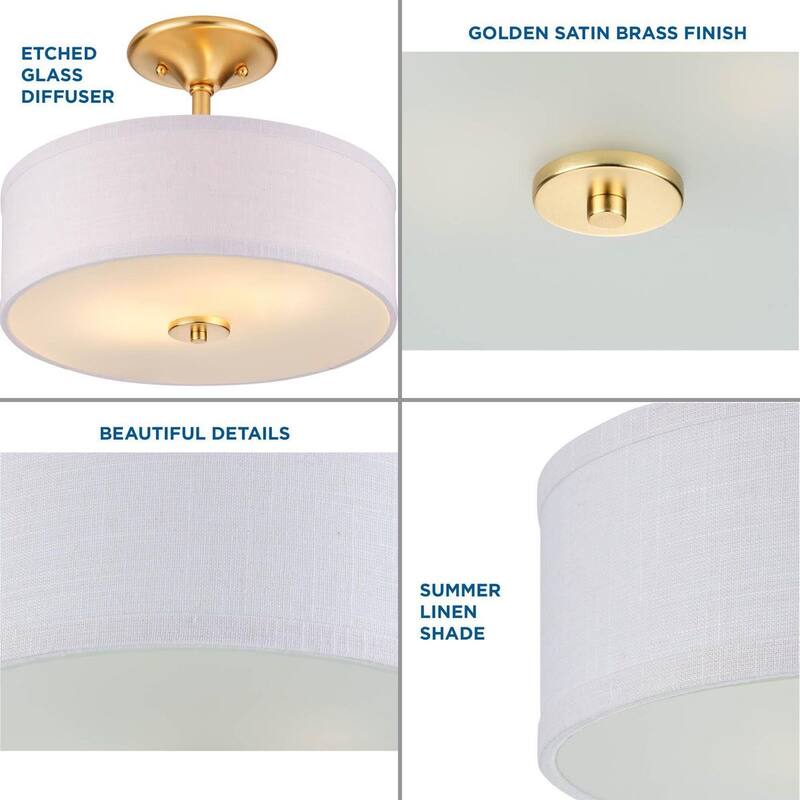 Inspire Collection Two-Light Satin Brass Summer Linen Shade New Traditional Semi-Flush Light - 13 in x 13 in x 10.125 in