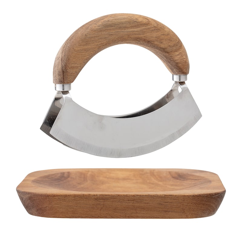 Acacia Wood & Stainless Steel Mezzaluna - 8.0"L x 8.0"W x 1.0"H