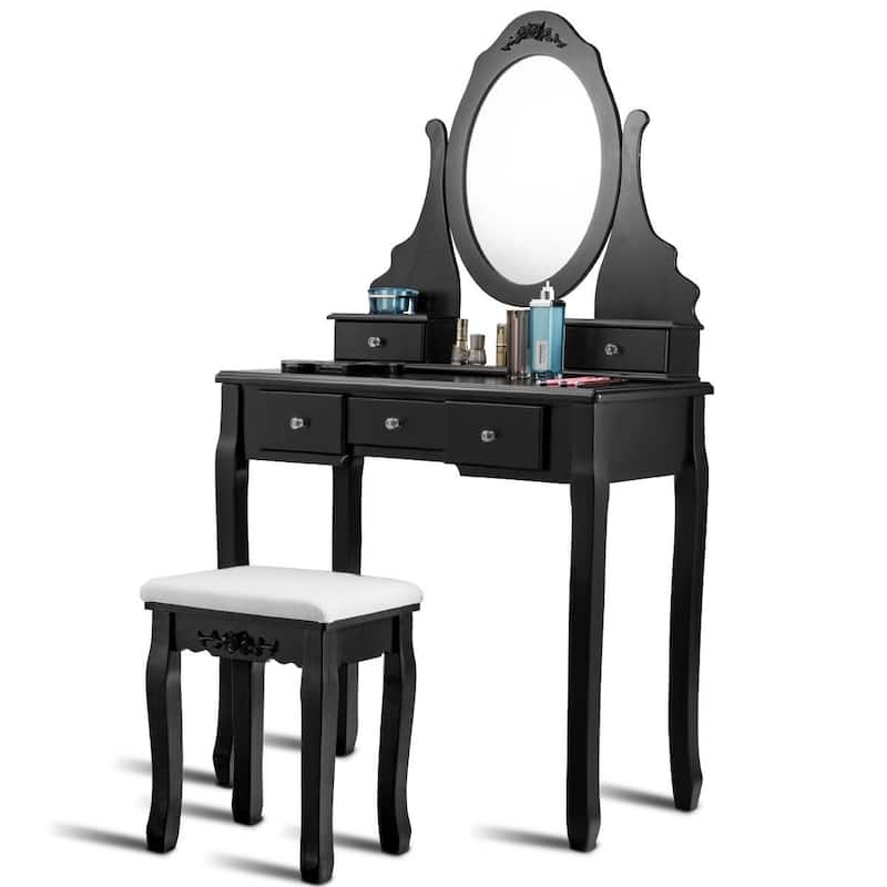 Wooden Vanity Set with 360-deg Rotating Oval Mirror and Cushioned Stool-Black - 31.3" x 15.7" x 55.9" (L x W x H)