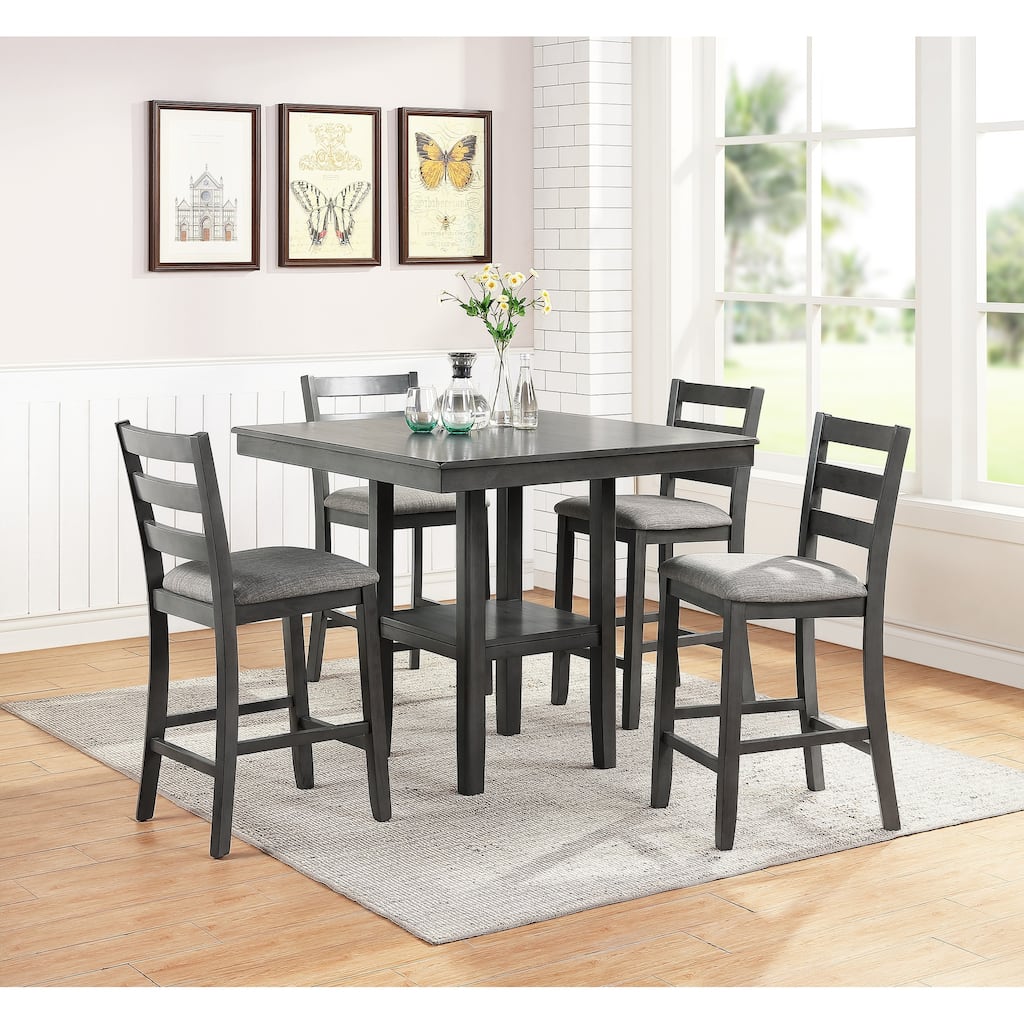 Classic Dining Room Furniture Gray Finish Counter Height 5pc Set Square Dining Table w Shelves Cushion Seat Ladder Back