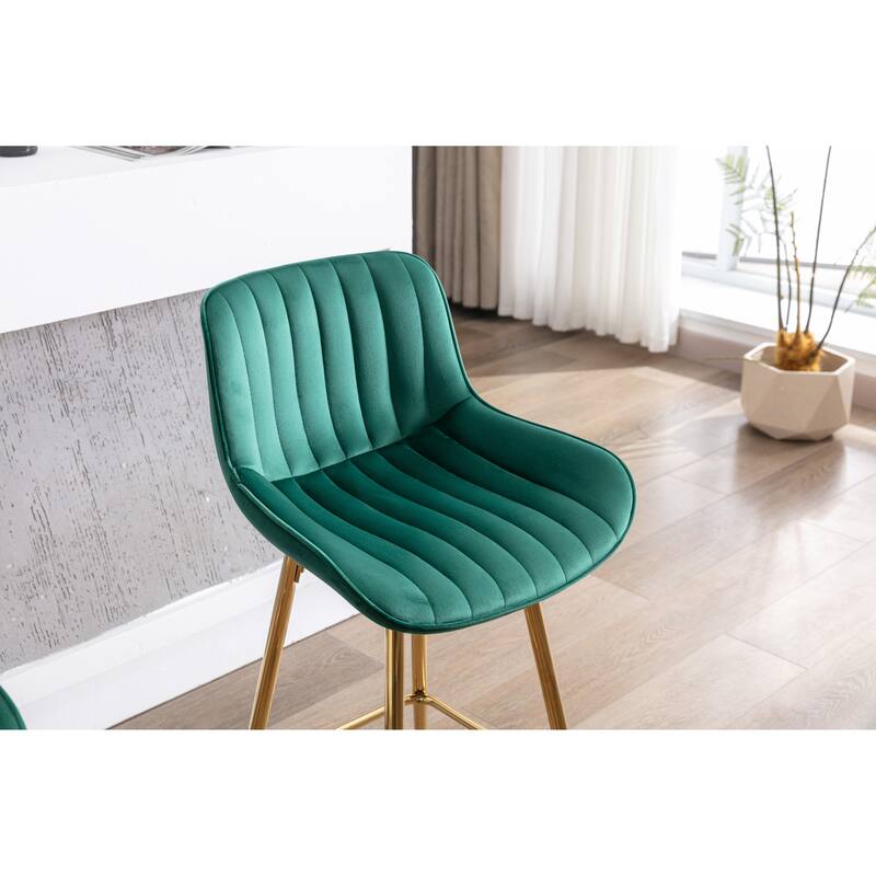 30 inch Set of 2 Bar Stools,with Chrome Footrest Velvet Fabric Counter Stool Golden Leg Simple High Bar Stool