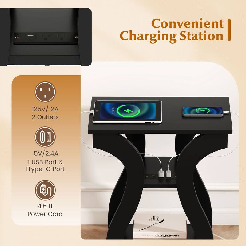 Gymax End Tables w/Charging Station Set of 2 3-Tier Side Tables w/USB