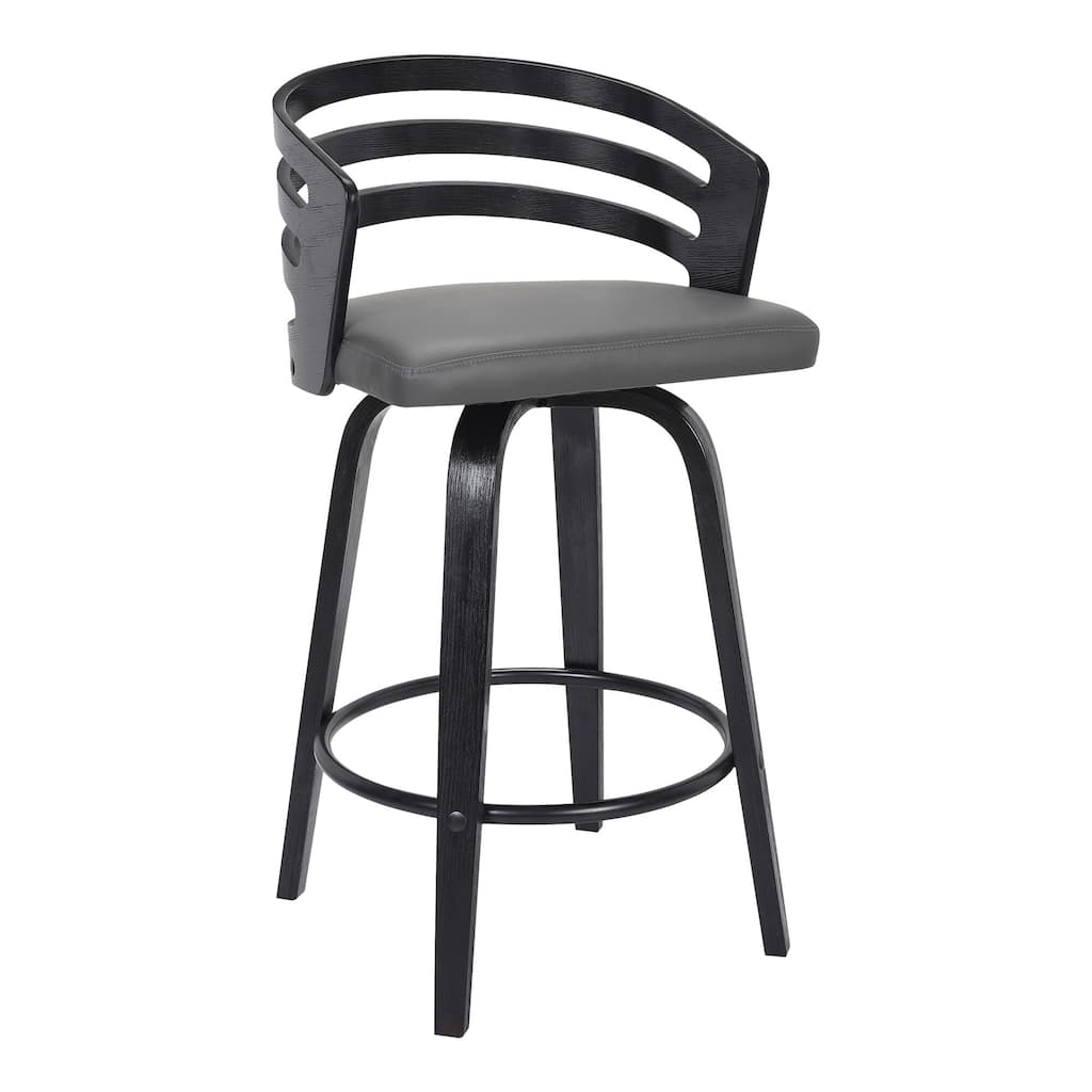 Carbon Loft Evan Swivel Bar Stool in Black Brush Wood and Grey Faux Leather