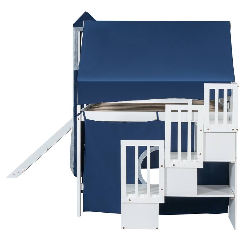 Roomfitters Full Size Loft Bed with Slide, Tent Canopy and Tower, Multi-Functional Sleep Space