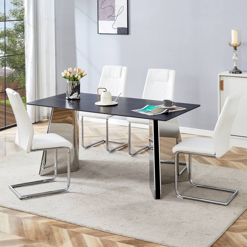 Roomfitters 5/7pcs Marble Pattern Dining Table Set with Stainless Butterfly Legs and PU Upholstered Chairs, White