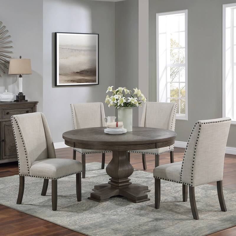 Set of 2 Upholstered Dining Chairs with Nailhead Trim in Oak