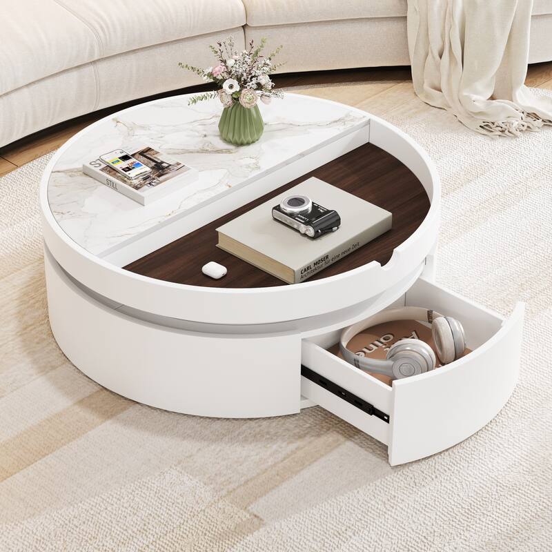 Round Lift Top Coffee Table with Drawer, 29.5 Inch Marble and Wood Grain Tabletop, Storage Ottoman