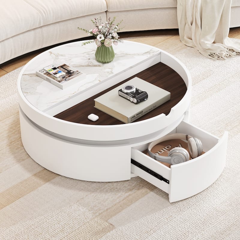 Small Lift-Top Round Coffee Table, Dual-Tone Table with Faux Marble & Wood Grain Top, Compact Center Table with Hidden Storage