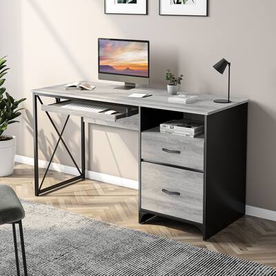 55 inch Computer Desk with Keyboard Tray and Storage Drawers