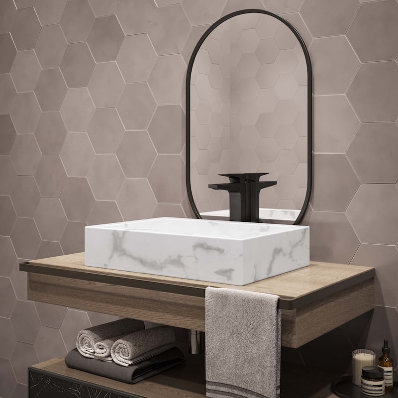 Lausanne 22" Ceramic Vessel Bathroom Sink In White Marble - 15.75" x 22.5" 5.25"