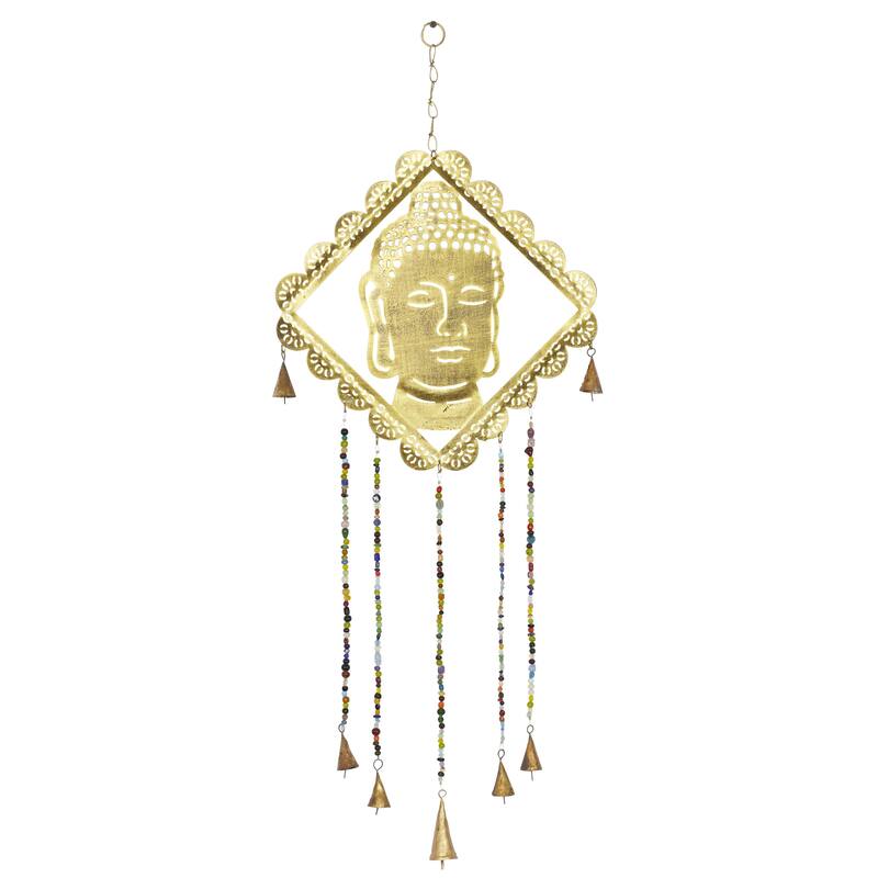 Metal Buddha Windchime with Glass Beads and Cone Bells - Gold - Roche River Decor