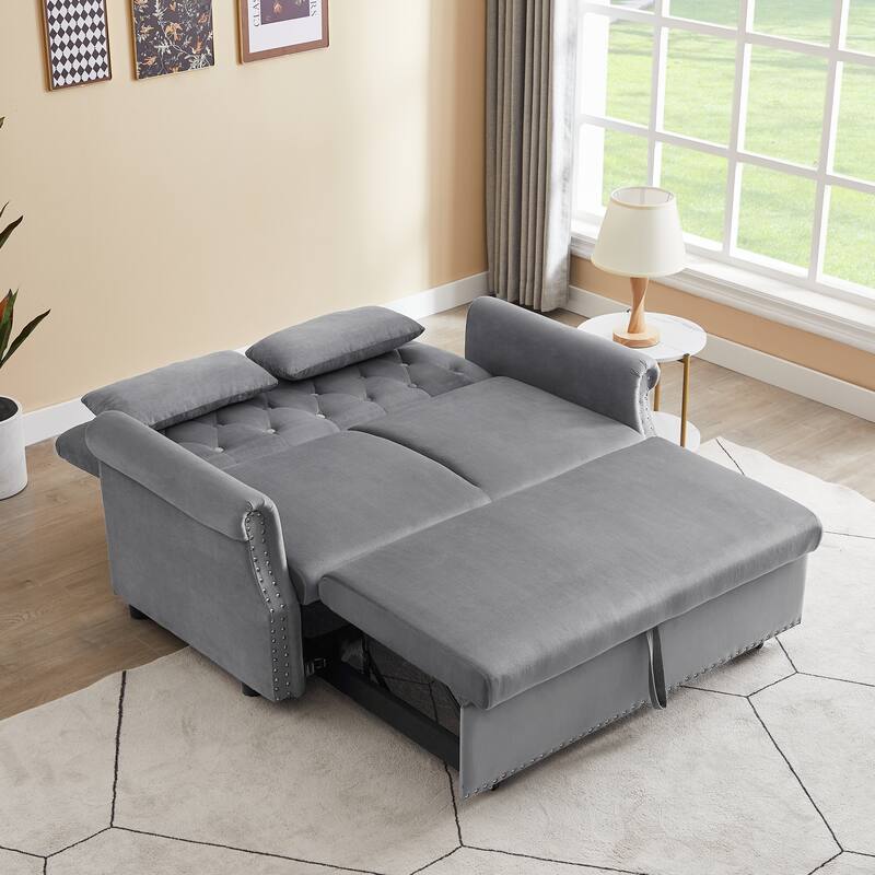 Velvet Convertible Loveseat Sleeper sofa with 2 Lumbar Pillows, Adjustable Pull-Out Bed and Removable Armrest