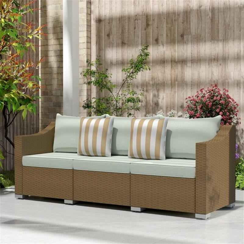 3-Seater Outdoor Rattan Sofa PE Wicker Steel Frame Patio Deck Garden Couch with Cushions and Throw Pillows
