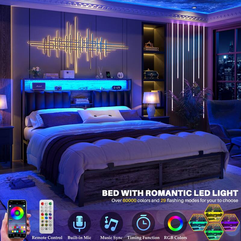 Upholstered Bed Frame with Storage Shelving, Platform Beds with Charge Station and LED Lights
