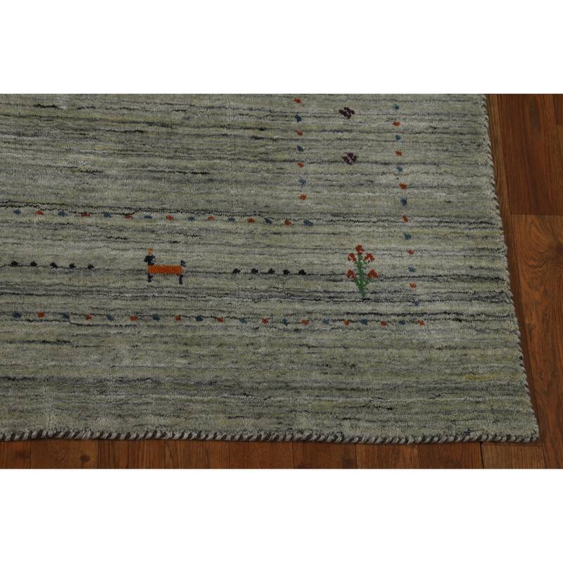 Striped Green Gabbeh Indian Area Rug Handmade Wool Carpet - 5'0" x 8'1"