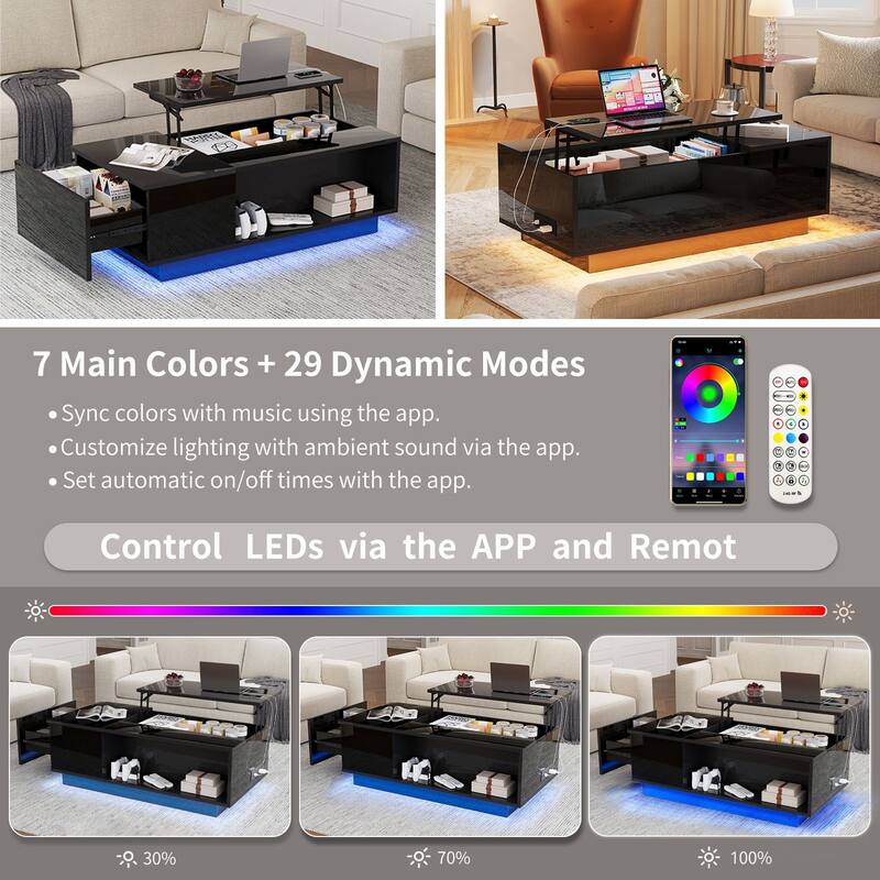 47" LED Lift Top Coffee Table with Charging Station, Hidden Storage & 7-Color Lights, Modern High Gloss Center Table