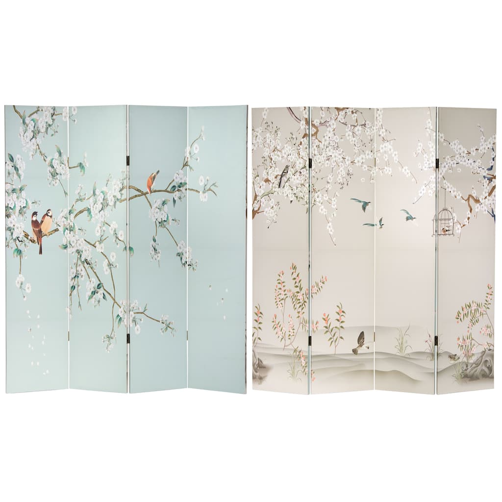 6 ft. Tall Double Sided Birds and Plum Blossoms Canvas Room Divider