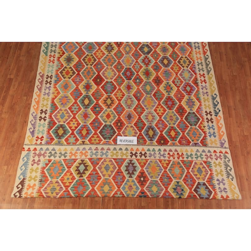 Orange Kilim Oriental Area Rug Flatweave Reversible Wool Carpet - 8'6"x 11'6"