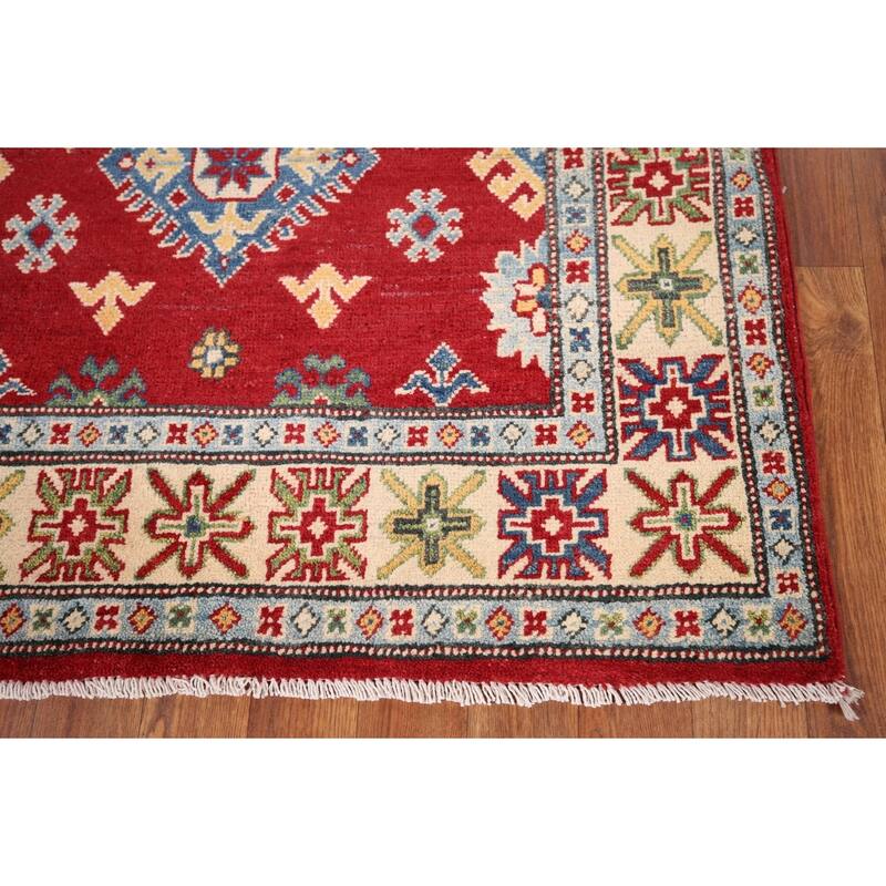Red Geometric Kazak Oriental Foyer Rug Hand-Knotted Wool Carpet - 3'4" x 5'6"