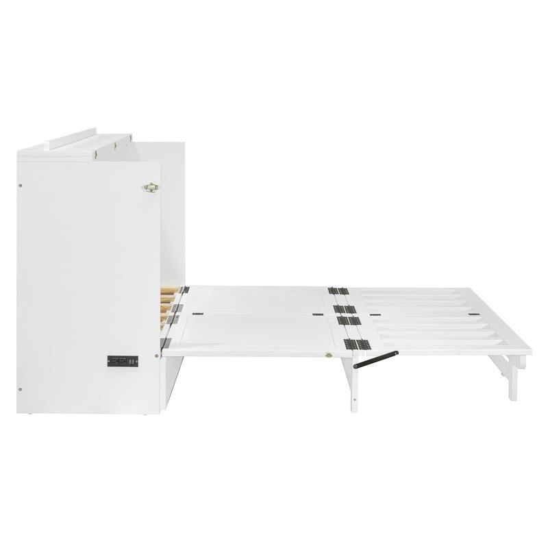 Queen Size Murphy Bed with Large Storage Drawer, USB Ports, and Outlets - Gray, Space-Saving Design
