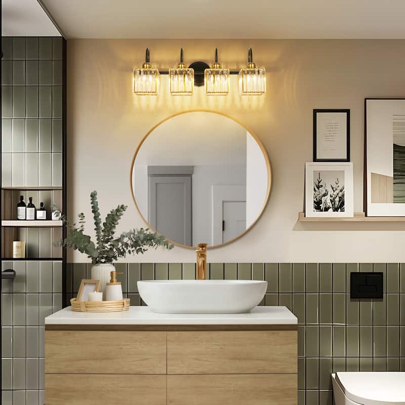 3/4-Light Mid-Century Modern Black and Gold Bathroom Vanity Light Cylinder Crystal Wall Sconces Lighting