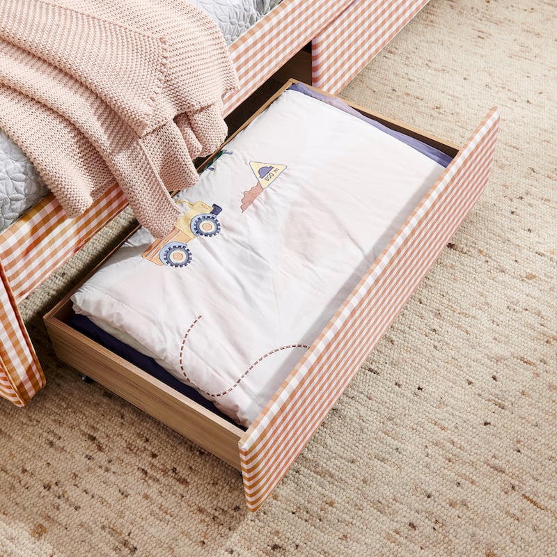 Twin Size Gingham Linen Upholstered Daybed with 2 Storage Drawers, USB Charging Station & Waved Arms