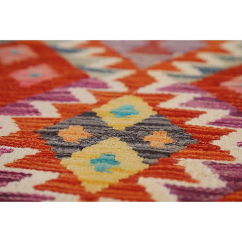 Orange Kilim Area Rug Hand-Woven Geometric Wool Carpet - 8'1" x 11'8"