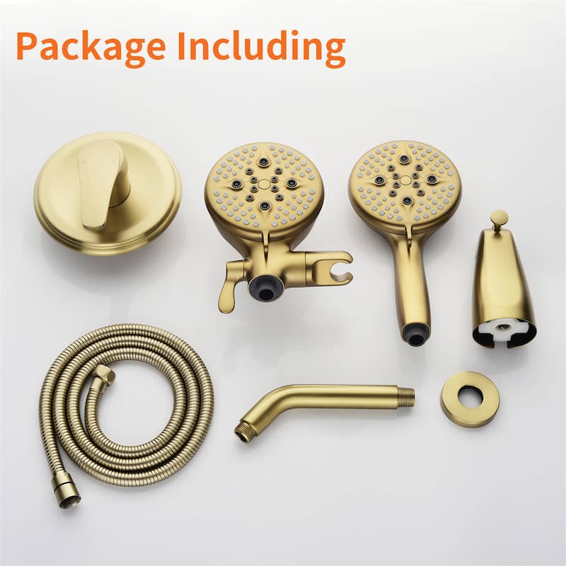 Wall Mounted Dual Head Shower Faucet with Tub Spout, Complete Pressure Balance Brushed Gold Tub Shower System Wth Hand Shower
