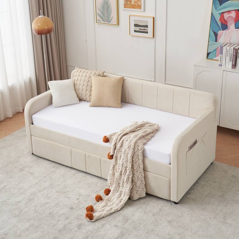 Twin Size Velvet Upholstered Daybed, Wood Sofa Bed Frame Daybed Couch with Trundle Bed and Wood Slat