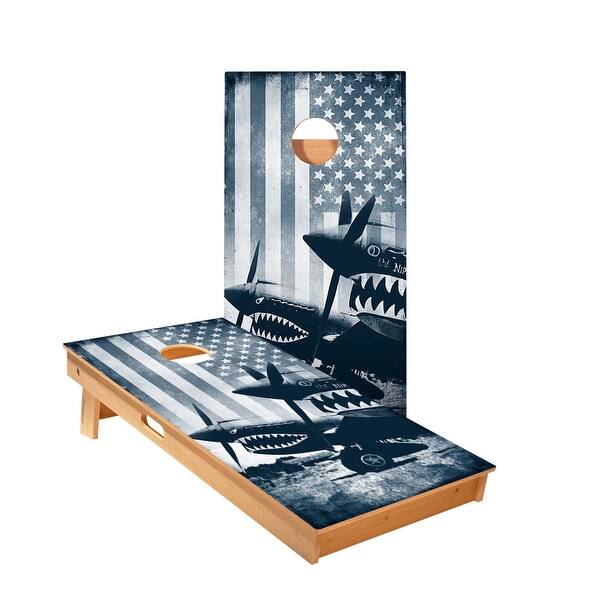 slide 2 of 5, Vintage Black And White American Flag Plane Cornhole Boards NO Bags - Add Board Lights