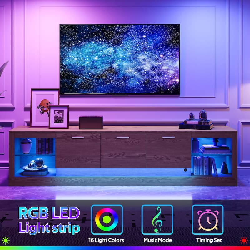 Floor LED TV Stand with Cabinets for 90 Inch TVs, Wood TV Console with Open Storage Shelf, Entertainment Center for Living Room